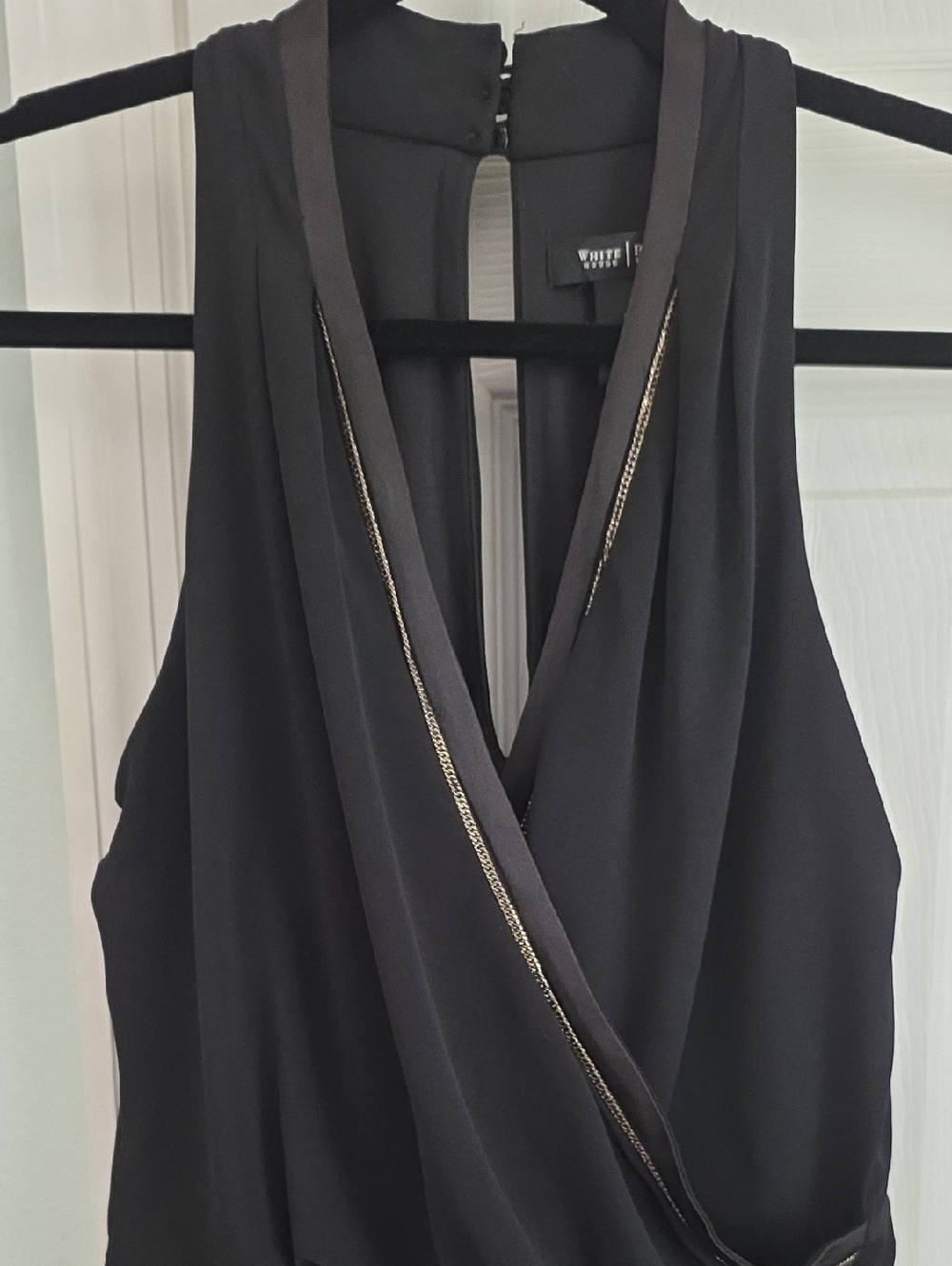 White House Black Market Black V-Neck Dress with Gold Chain Trim